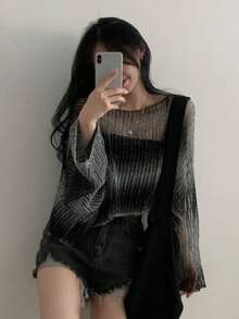 Cropped Knit Sweater For Women, Sexy Cutout Design, Versatile Cold Shoulder Top - Black and White - View 6
