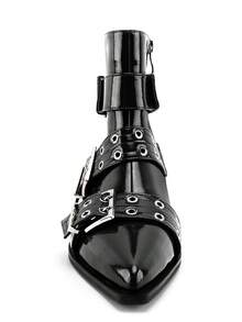 Women's Pointed Toe Punk Ankle Boots, Leather Flat With Multiple Buckles & Zipper, Edgy Style For Christmas Or Party​ - 黑色 - 查看 4