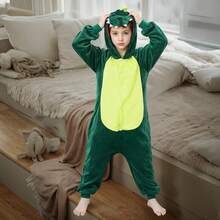 Pijama Entero de Dinossauro de Pelúcia com Capuz, Padrão Verde para Meninos e Meninas, 3 - 12 Anos, Ideal para Roleplay de Natal e Halloween, Roupas Quentes de Casa para Inverno, Presente Perfeito - Verde - Ver 5