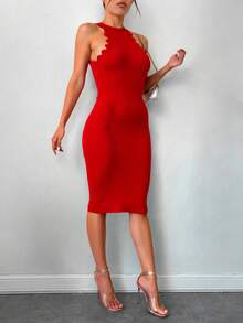 Vestido ajustado para mujer, elegante y casual, sin mangas, silueta ajustada, cuello redondo. Tela tipo canalé de poliéster y elastano, apto para temporadas de verano y primavera. Muy cómodo, ligero y agradable con tu piel, ideal para tus ocasiones especiales. Diseño corto. - Rojo - Ver 2
