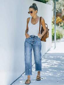 Comfortable Loose Fit Stretchy Distressed Frayed Hem Straight Leg Jeans, Women Street Style Washed Blue Denim Pants