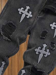 Pantalones vaqueros casuales con cintura elástica y efecto desgastado para niños - Negro - Ver 6