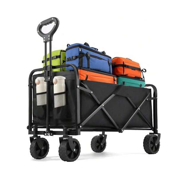 Carretilla plegable con ruedas, 100 L, capacidad de carga hasta 75 kg, con 4 ruedas giratorias de 360° y asa ajustable, con 2 portavasos, para camping, playa, jardín y compras (negro)