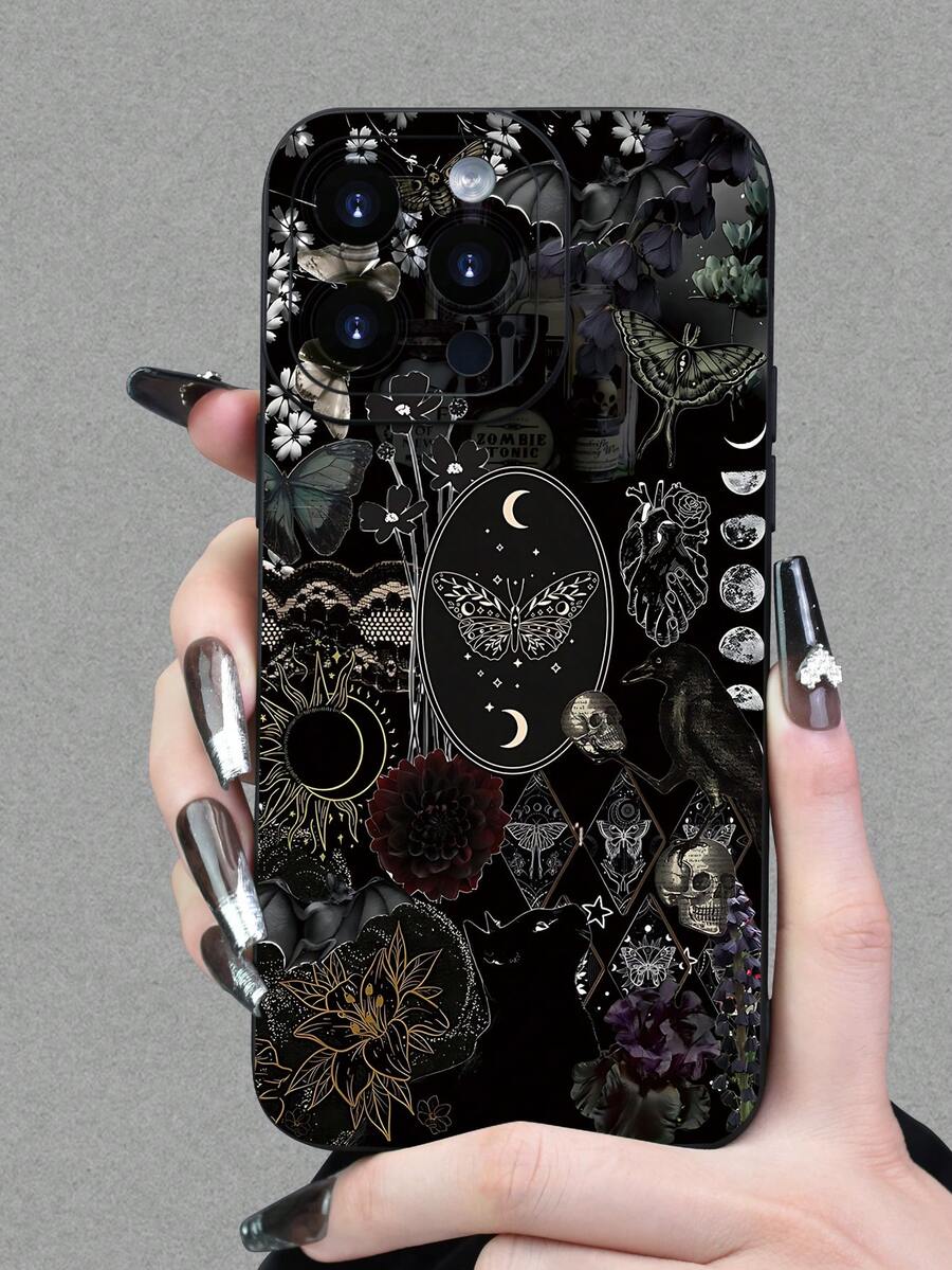 Fashionable, Popular, Personalized, Gothic Elements Pattern Design Theme Luxury Shockproof Aesthetic Cute Phone Case, Lens Protrusion Protection, Compatible With For IPhone 16/16Plus/16Pro/16ProMax, 15,14, 13, 12, 11 Series And Compatible With For Galaxy S/A Series, Gift For Easter Day, Christmas Halloween Decoration/Gift For Birthday, Girlfriend, Boyfriend, Friend Or Yourself. - 黑色 - 查看 1