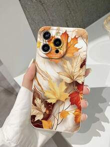 1pc Perforated Straight Edge White Shell Maple Leaf Marble Painted Thick Anti-Drop Painted Phone Case Compatible With IPhone 16/11/16pro/16plus/16promax/16e/15Promax/13/14/12/XS/XR/7G/8P, Compatible With Samsung Galaxy, Compatible With Xiaomi Redmi Anti-Drop Phone Protective Case