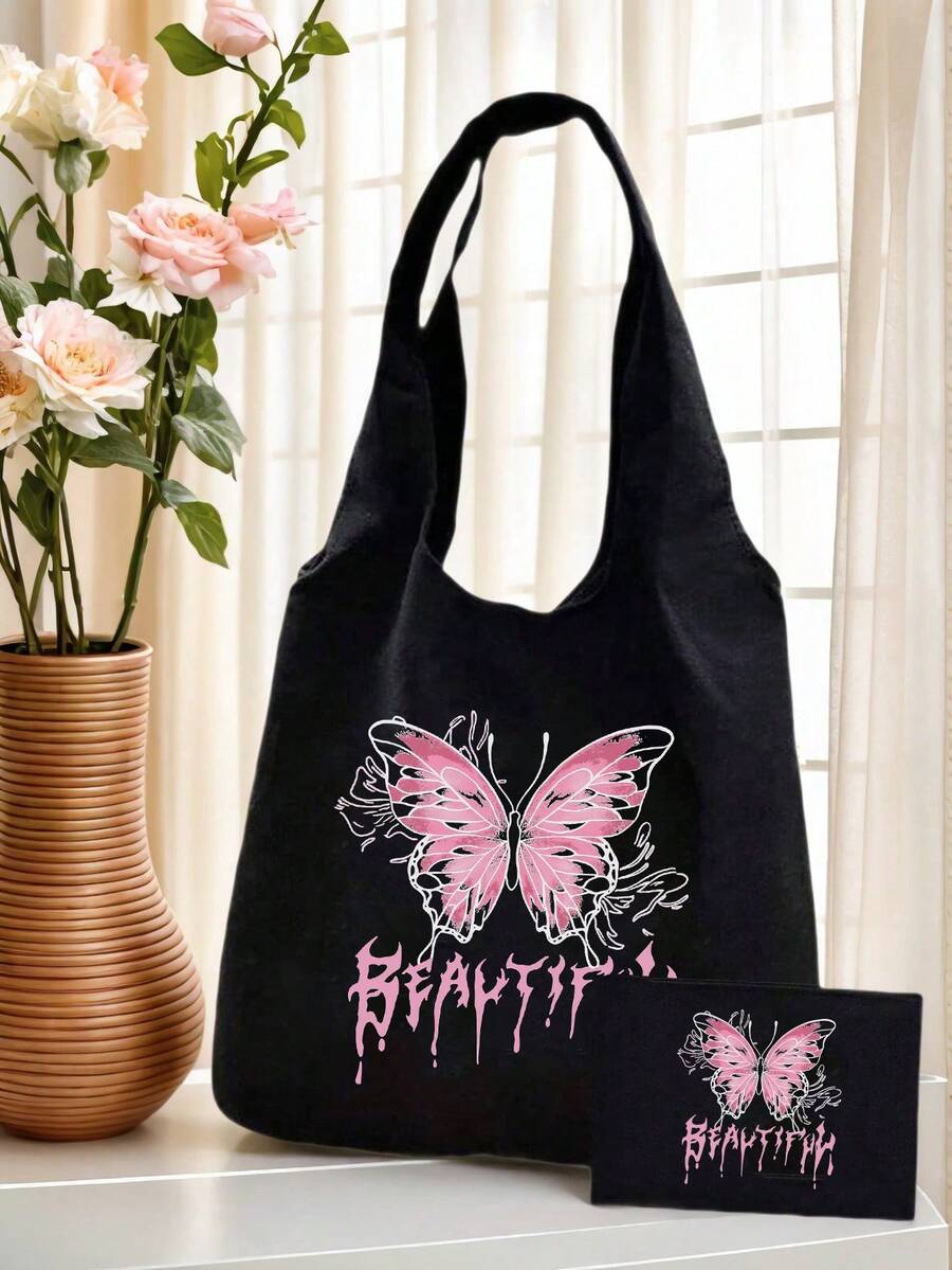 Bolso de mano con estampado de mariposas rosa estilo Y2K, equipado con bolsa de maquillaje con cremallera, bolso de lona negra para el hombro, bolso de compras casual, bolso de hombro de gran capacidad, adecuado para el trabajo, multifuncional, de múltiples propósitos, de gran capacidad, ligero, práctico, para aniversario, Navidad, vacaciones, adecuado para exteriores, ir y venir, viajes, escuela, deportes, compras, uso diario