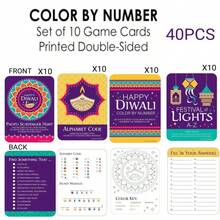 40pcs Big Happy Diwali, 4 Festive Lights Party Games, Diwali Party Game Set, 10 Cards Per Set, Double-Sided Printing, Diwali Game Bundle - Multicolor - View 4