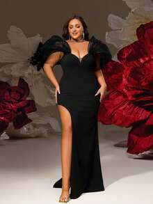 Smilprince 加大码性感黑色露肩礼服，透明网眼袖，高开叉紧身晚礼服，女士返校节派对礼服，优雅舞会礼服，迷人礼服 - 黑色 - 查看 5