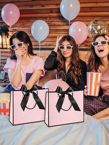 20pcs Mini Horizontal Kraft Paper Gift Bags With Bow Ribbon Handles, Horizontal Paper Gift Bags Suitable For Wedding Bridesmaid Favors, Unisex, Applicable For Birthday, Wedding, Bridesmaid Party Favors, Shopping Retail (Black & Pink)