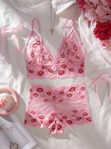 Rosa Spitzen-Lingerie-Set mit Lippen-Muster, charmant und sexy