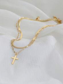 2 件套时尚简约金色十字架吊坠多层可堆叠项链首饰女士（无礼盒） - 金黃色 - 查看 2