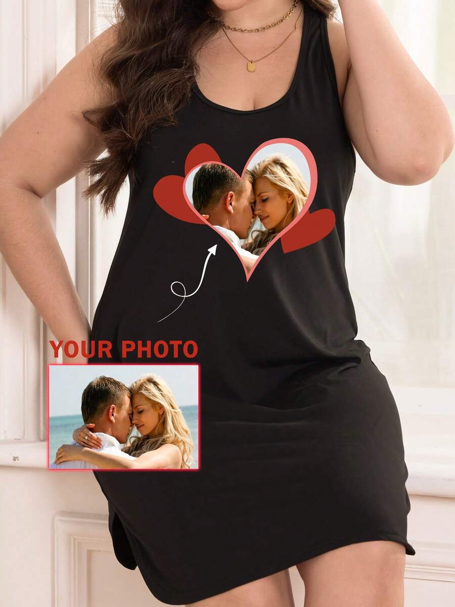 Cămașă de noapte elegantă, personalizabilă, mărime plus, elasticitate medie, design personalizat în formă de inimă, potrivită pentru femei, pijamale de toamnă și iarnă. Îmbrăcăminte cu modele personalizabile, tricouri, topuri la modă, modele personalizabile, Imprimeuri cu transfer termic, personalizare prin îndepărtarea fundalului, celebrități, anime, modele, hobby-uri, cadouri personalizate, cadouri de sărbători.