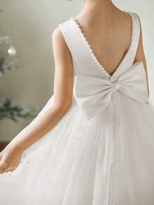 Girls' Elegant Backless Bow Pearls Mesh Sleeveless Maxi Dress, Suitable For Flower Girl, Birthday Party, Stage Performance, Wedding, Prom, Graduation, Christmas