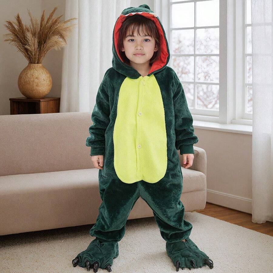 Pijama Entero de Dinossauro de Pelúcia com Capuz, Padrão Verde para Meninos e Meninas, 3 - 12 Anos, Ideal para Roleplay de Natal e Halloween, Roupas Quentes de Casa para Inverno, Presente Perfeito - Verde - Ver 1