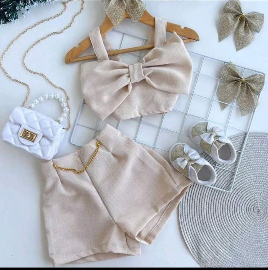 Conjunto Infantil e Juvenil para Meninas e Adolescentes Cropped Laço e Shorts Corrente Super Delicado CJI002 - Nude - Visão 1