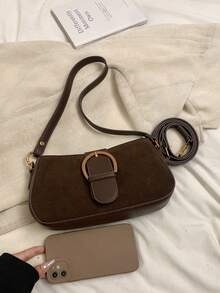 Women Retro Solid Color Dual Strap Suede Shoulder Crossbody Saddle Bag, Autumn And Winter Hot Women Bag, Suede Purse, Newest Fashionable Suede Bag For Women - 咖啡棕 - 查看 6