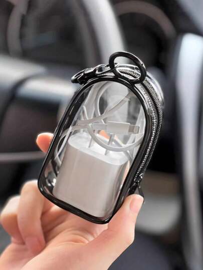 便携式迷你透明拉链收纳袋，包袋配件紧凑型多功能整理器，带钥匙扣的耳机和充电器盒，透明旅行配件，黑色和白色可选，精致小巧，适合存放小物品，数据线收纳袋，手环袋，化妆包