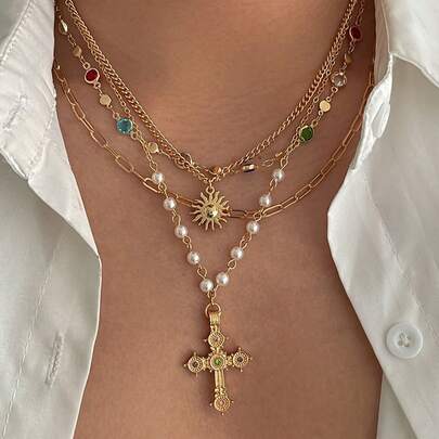 4pcs Vintage Metal Geometric Round Pendant Multilayer Necklace, Women Punk Style Jesus Cross Pendant Necklace