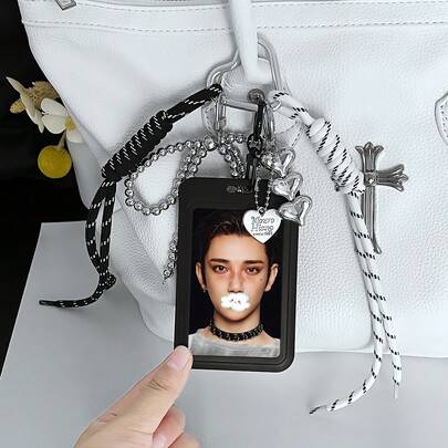 1pc Minimalist Black ID Card Holder, Kpop SVT Fan Photo Card Protector, Fits 3-3.5 Inch Mini Photos, Key Chain, Bag Pendant, Student ID, Campus Card, Meal Card, Access Card Storage