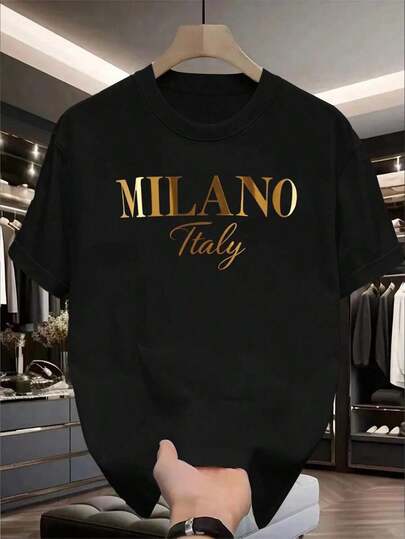 Camiseta de hombre de diseño moderno y elegante de lujo Wanfu Dharma con letras mayúsculas doradas brillantes '' y fuente ligera elegante 'ITALIA', camiseta regular de estilo simple para hombres