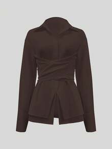 Women's Elegant Solid Color Collared Slim Fit Long Sleeve Blouse, Polyester, Button Closure Spring - Coffee Brown - View 6