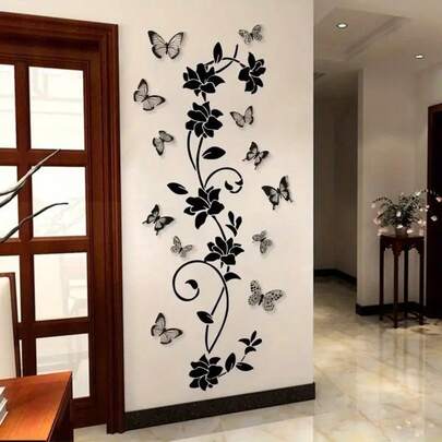 1 Set de Adhesivos de Pared con Diseño de Enredadera Floral Negra y Mariposas, Decoración para Sala de Estar y Dormitorio