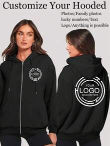 Personalized Women's Hooded Zip-Up Sweatshirt Jacket - Customizable Logo Designs On The Front And Back, Including Work Uniform Logos, Christmas Designs, Halloween Patterns, Pumpkin Designs, Skull Designs, Thanksgiving Designs, Turkey Designs, Team Logos, School Uniforms, Advertising Printing, Lucky Numbers, And [Anything Can Be Customized With Family, Pets, Friends' Photos]. Autumn Hooded Zip-Up Sweatshirt Jacket With Thermal Lined For Warmth. - Black - View 1