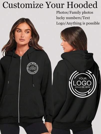 Personalized Women's Hooded Zip-Up Sweatshirt Jacket - Customizable Logo Designs On The Front And Back, Including Work Uniform Logos, Christmas Designs, Halloween Patterns, Pumpkin Designs, Skull Designs, Thanksgiving Designs, Turkey Designs, Team Logos, School Uniforms, Advertising Printing, Lucky Numbers, And [Anything Can Be Customized With Family, Pets, Friends' Photos]. Autumn Hooded Zip-Up Sweatshirt Jacket With Thermal Lined For Warmth.