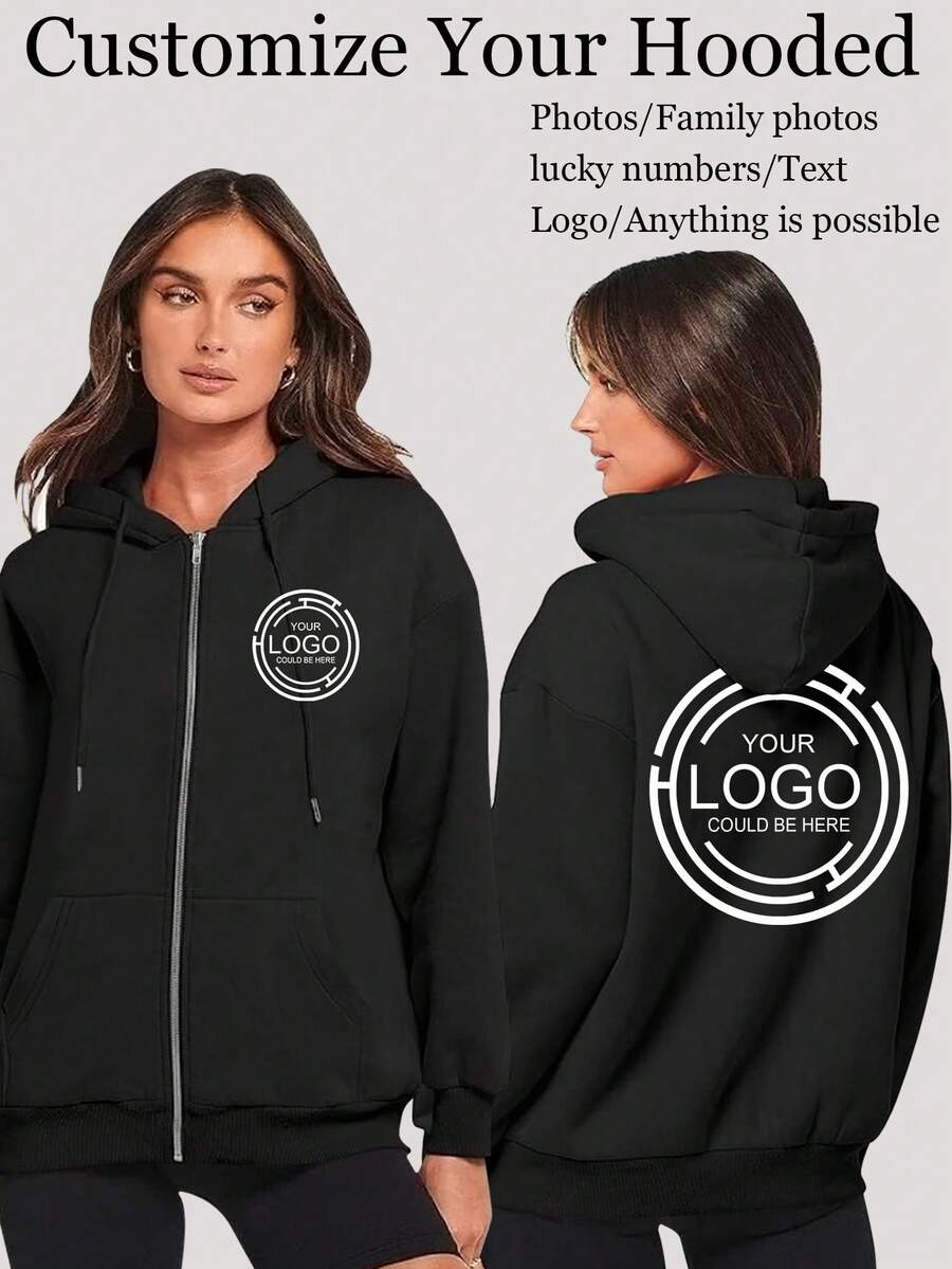 Personalized Women's Hooded Zip-Up Sweatshirt Jacket - Customizable Logo Designs On The Front And Back, Including Work Uniform Logos, Christmas Designs, Halloween Patterns, Pumpkin Designs, Skull Designs, Thanksgiving Designs, Turkey Designs, Team Logos, School Uniforms, Advertising Printing, Lucky Numbers, And [Anything Can Be Customized With Family, Pets, Friends' Photos]. Autumn Hooded Zip-Up Sweatshirt Jacket With Thermal Lined For Warmth. - Black - View 1