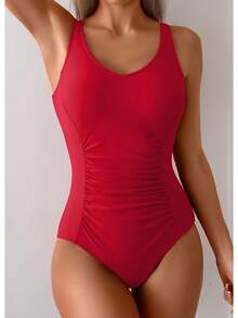 Tummy Control One Piece Swimsuit With Ruched Design - Red - View 3