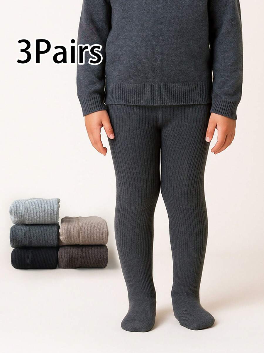1pc Children's Thick Ribbed Solid Color Tights, Thermal Lined, Autumn/Winter - Multicolor - View 1