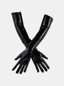 1 Pair Sexy Patent Leather Long Gloves, Cosplay Costume Accessories, Black Tight Fit Pole Dance Performance Gloves,Halloween - Black - View 4