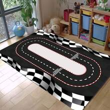 1pc Black & White Checkered Flag Pattern Rug With Racing Track Design, Doormat, Decorative Carpet, Living Room Carpet, Rug, Living Room Area Rug, Area Small Rug, Mat, Home Decor, Large Living Room Carpet, Living Room Home Decor, Room Decor, Washable Carpet Christmas Decor Kitchen Rug