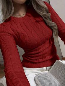 Apperloth A 女士春季轻薄休闲圆领长袖修身短款纹理针织套头毛衣 - 紅色 - 查看 3