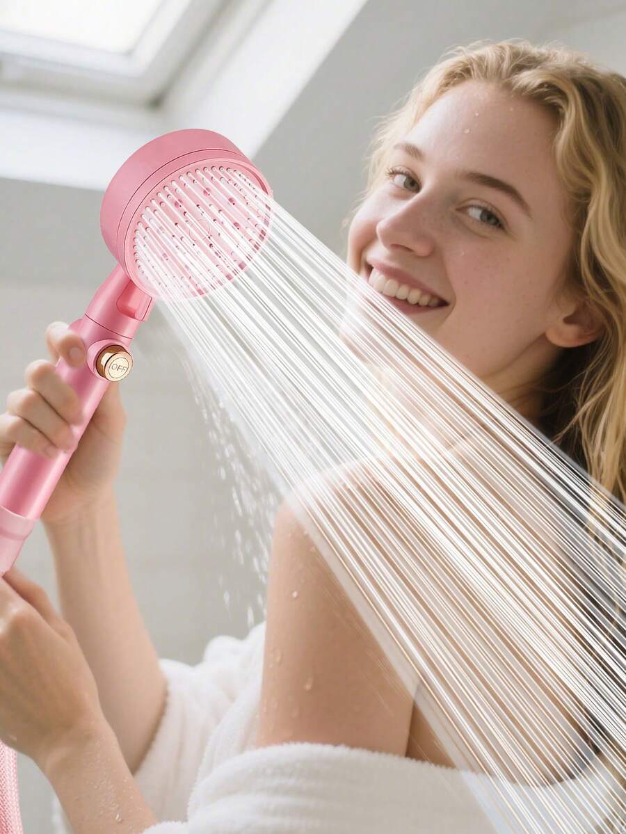 Cabezal de ducha ajustable de 5 posiciones en color rosa, cabezal de ducha de lluvia con calentador de agua para baño, rociador de ducha