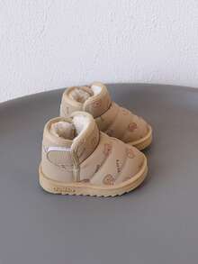 1 Pair Children's Low-Top Shoes With Bear-Like Pattern, Leather & Fleece Material For Warmth, Hook And Loop Closure, Flat Style, Cute Design, Suitable For Autumn/Winter Everyday Wear, Indoor & Outdoor - Khaki - View 5