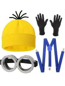 1/4 件趣味黄色帽子和眼镜服装套装，配有手套和吊带 - 非常适合万圣节、圣诞节、角色扮演派对和主题活动