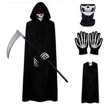 Halloween Grim Reaper Costume, Grim Reaper Scythe Death Scythe Staff, Skull Mask, Sky Hooded Cape, Skeleton Hand Gloves, Horror Role-Playing Costume Props, Party Exclusive Costume - Multicolor - View 3