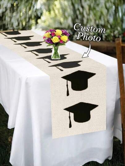 1pc Customizable Linen-Like Table Runner, Printed With Your Photo And Text - Vibrant Printing, Suitable For Indoor Kitchen, Dining Table Decor, Party, Anniversary, Holiday, Graduation