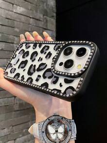 奢华豹纹时尚单件装，镶嵌奢华豹纹水钻透明闪亮手机壳，兼容 17/17 Air/17 Pro/17 Pro Max/16/16 Pro/16 Plus/16 Pro Max/15/14/13 Pro Max/13/12/11，柔软防震防摔全包手机壳，生日礼物派对佳品 - 黑色 - 查看 4