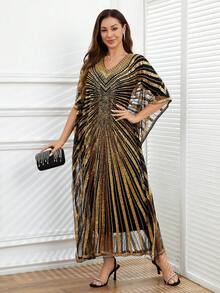 JINLICX Luxurious Beaded V-Neck Long Robe Women's Evening Gown Party Dress, Formal Banquet Caftan - Gold - View 4