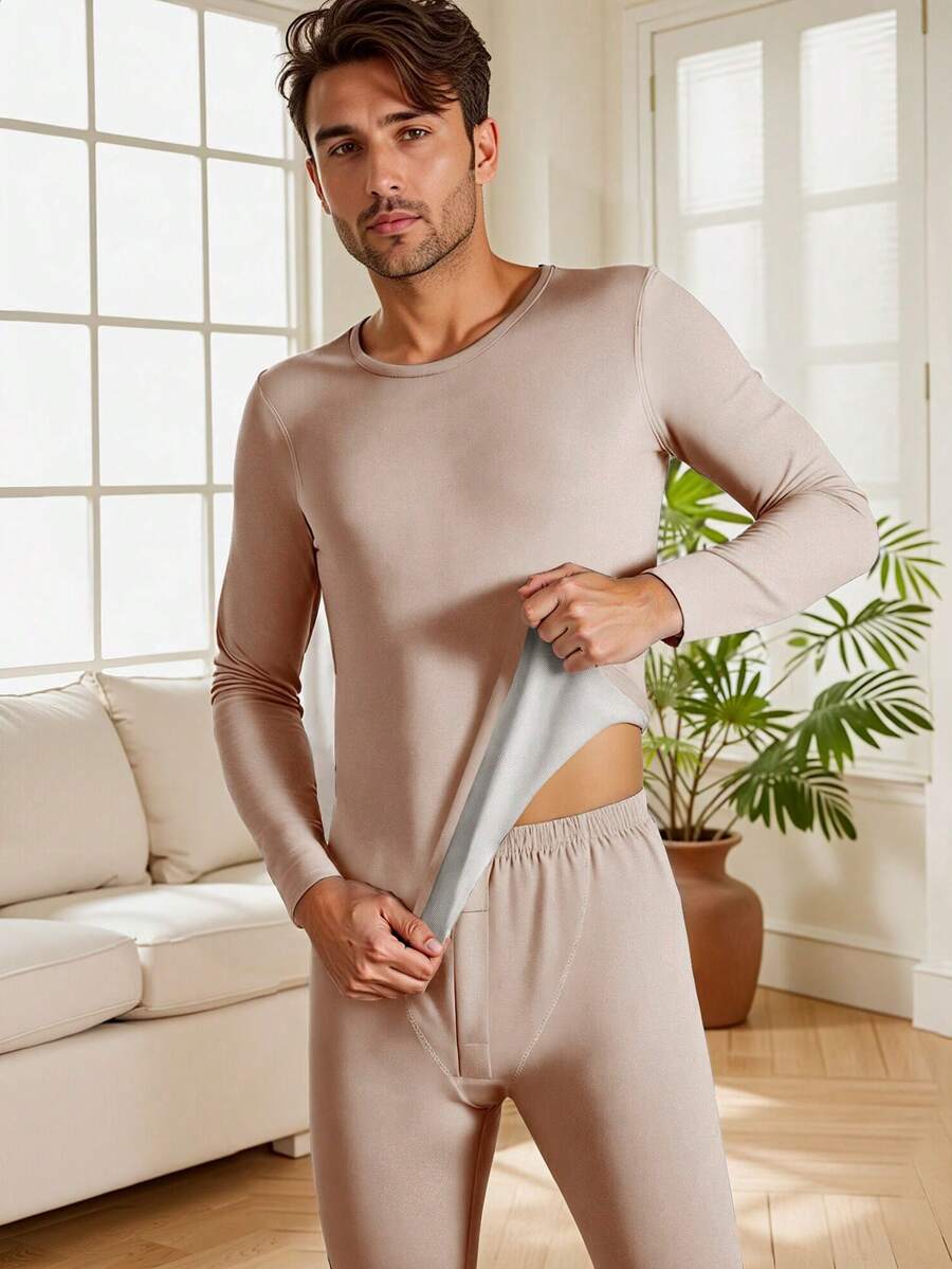 1 Set Men's Thermal Underwear Set, Elastic Fabric Base Layer Tight Fit Sleepwear Loungewear, Warm For Autumn/Winter