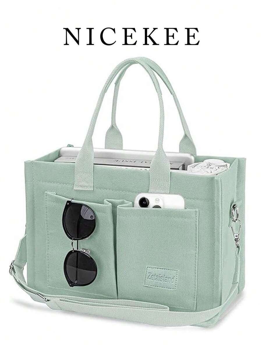 多功能垂直條紋飾斜挎肩背包，女性手提包，大容量多口袋帆布肩背通勤包，輕便休閒手提信差包，學生學校手提電腦包，極簡運動多隔層多袋背包