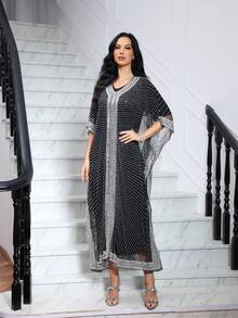 JINLICX Bộ váy dài tay cao cấp kiểu khăn choàng, váy dạ hội trang trọng. - Bạc - Xem 2