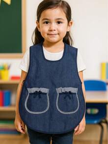 Mandil Preescolar de Mezclilla / Bata de trabajo para Preescolar de Niña con Bolsas con Decoración - Azul - Ver 2