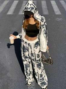 女士套装、女士长裤套装、女士时尚连帽衫套装、印花连帽衫套装、时尚帽子和连帽衫套装 - 彩色 - 查看 5