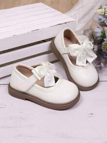 1 Pair Girls' Pearl Ribbon Bow Round Toe Sweet Fashion Princess Style Flat Shoes, Suitable For Spring And Autumn - White - View 5