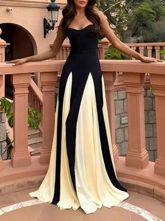 女士派对/宴会拼布荷叶边下摆细肩带连衣裙