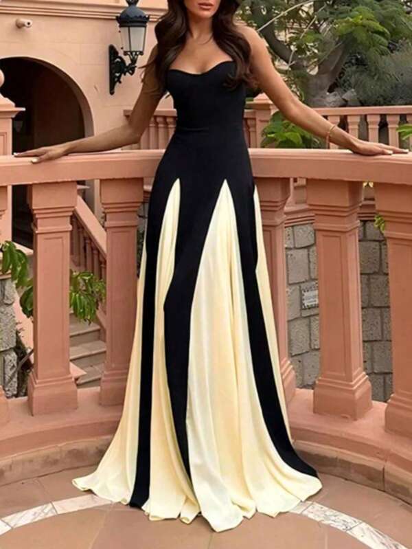 Women's Party/Banquet Patchwork Ruffle Hem Spaghetti Strap Dress