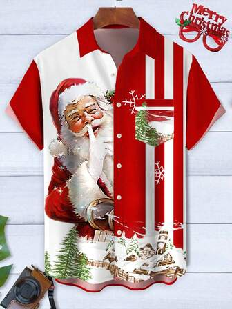 Christmas Santa Claus Striped Print Men's Button Pocket Short Sleeve Shirt